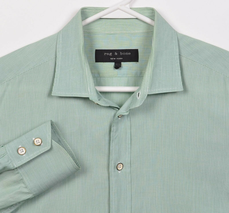 Rag & Bone Men's 16.5 (Large) Green Micro-Striped Designer Button-Front Shirt