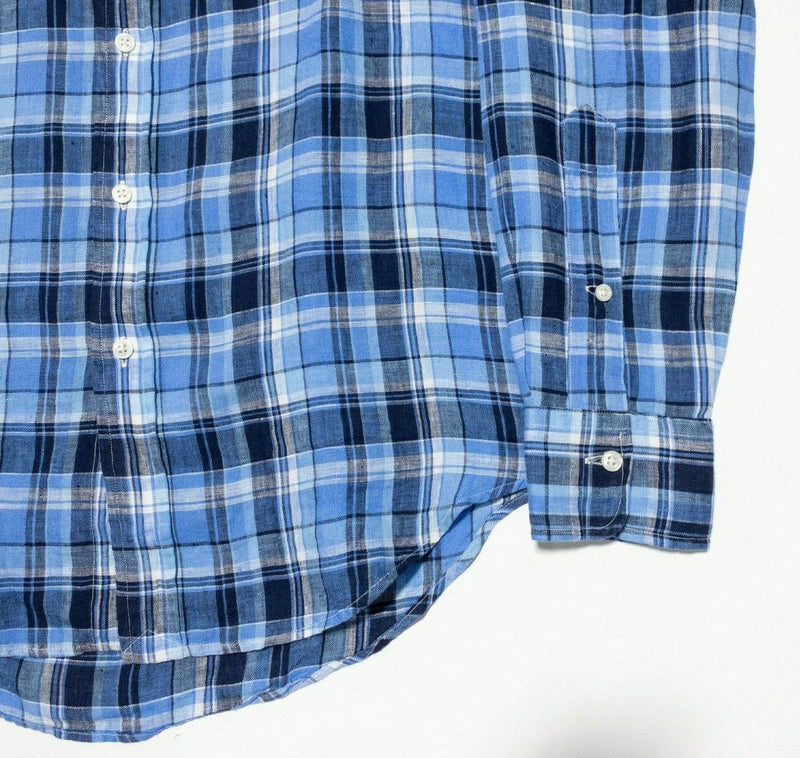 Polo Ralph Lauren Linen Shirt Blue Plaid Spread Collar Long Sleeve Men's Small