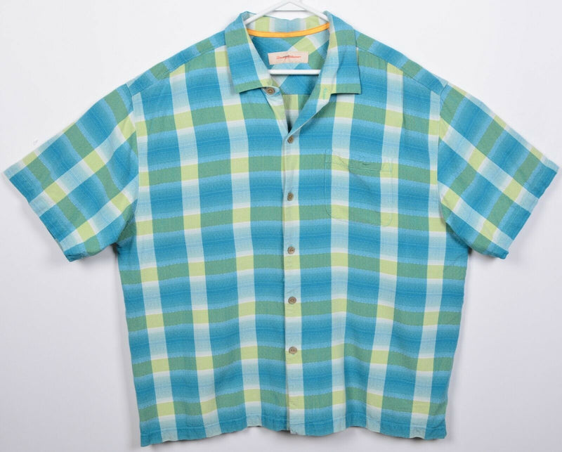 Tommy Bahama Men's XL 100% Silk Blue Green Plaid Hawaiian Aloha Camp Shirt