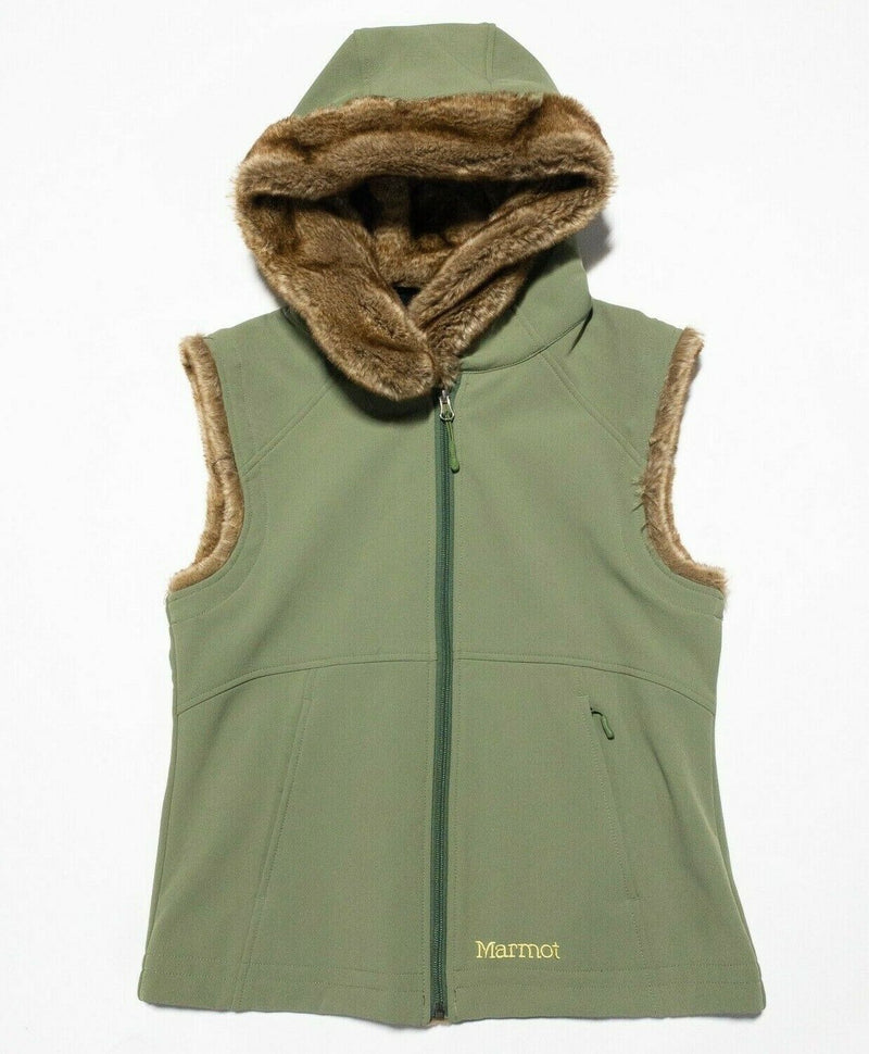 Marmot Vest Women's Medium Faux Fur Trim Hooded Green Soft Shell Full Zip