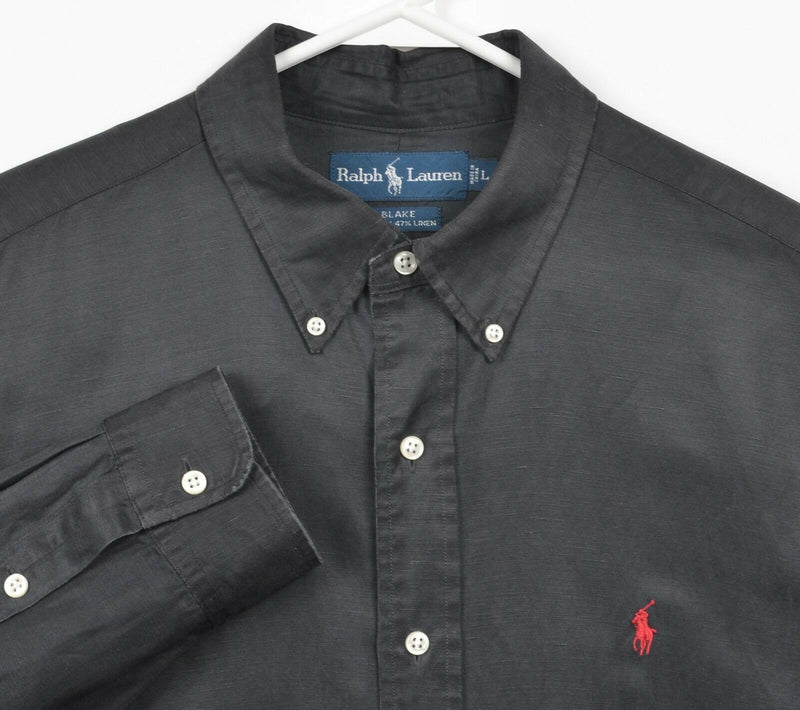 Polo Ralph Lauren Men Large Silk Linen Blend Solid Black Blake Button-Down Shirt