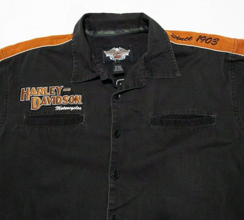 Harley-Davidson Button Shirt XL Men's Black Orange Garage Biker Mechanic Logo