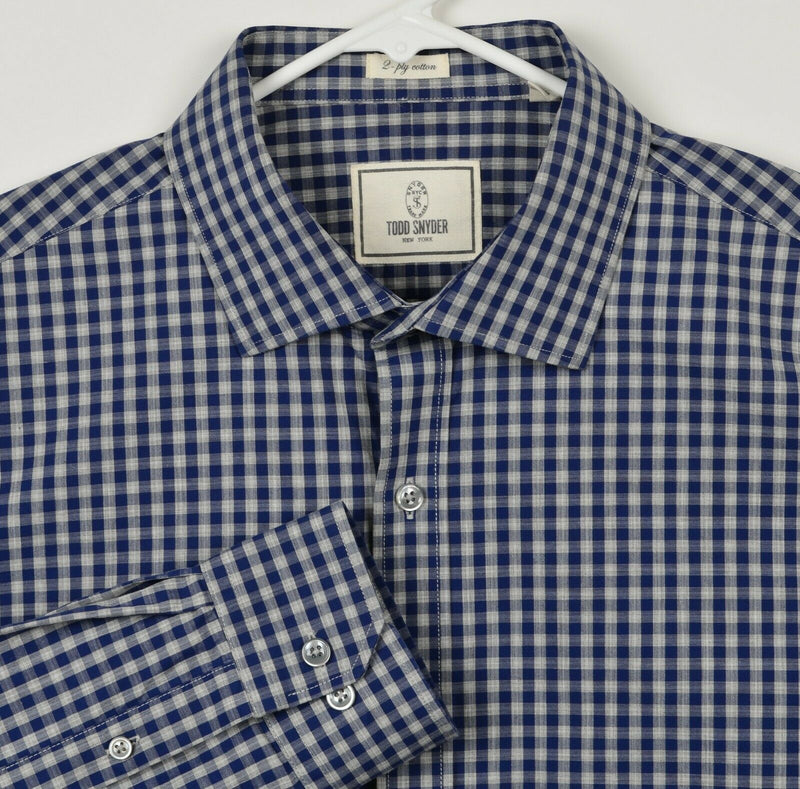 Todd Snyder Men's 17.5 34/35 Navy Blue Gray Gingham Check Spread Collar Shirt
