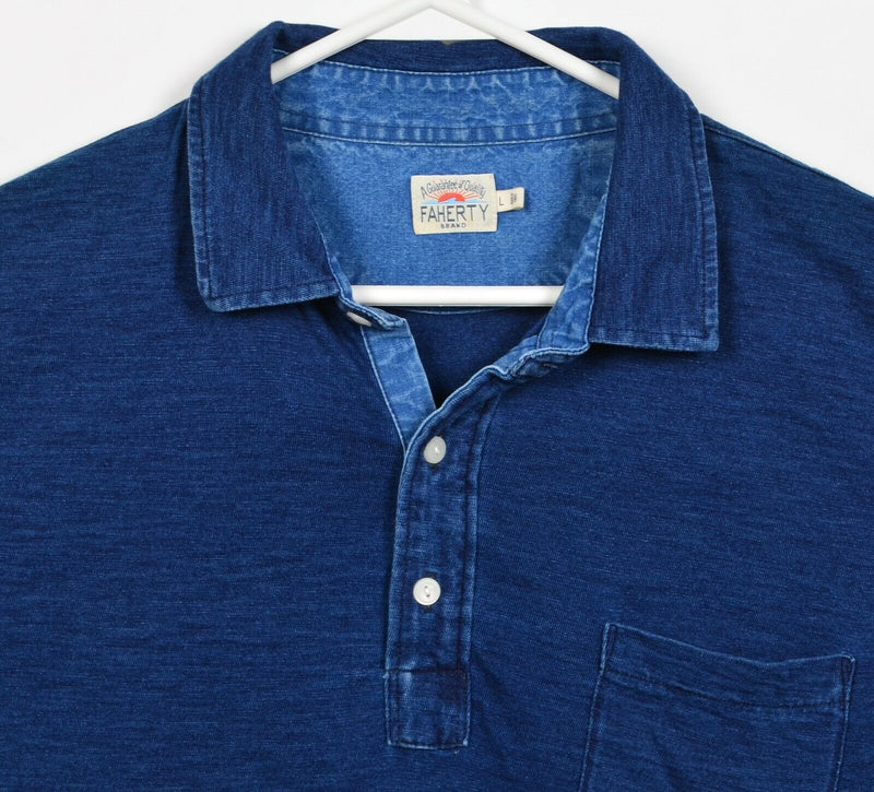 Faherty Brand Men's Large Indigo Navy Blue Short Sleeve Pocket Polo Shirt