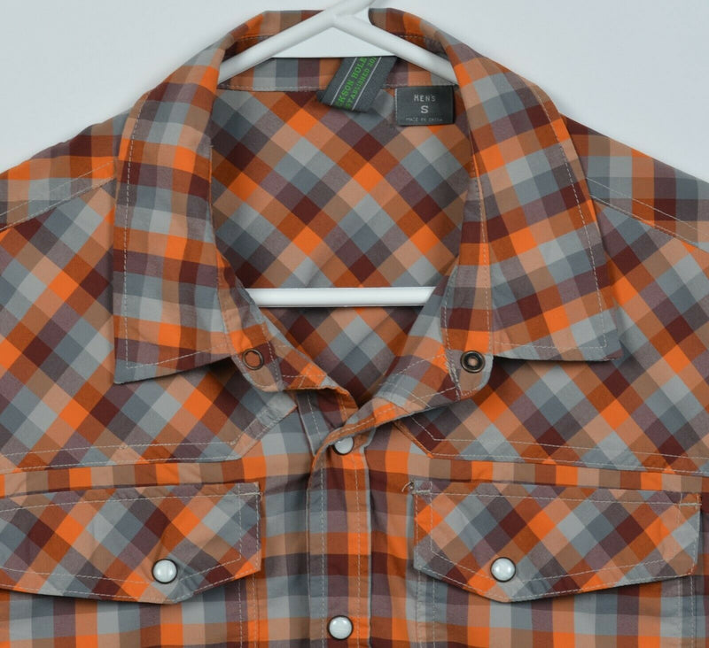 Stio Men's Small Pearl Snap Orange Gray Check Nylon Wicking Western Shirt