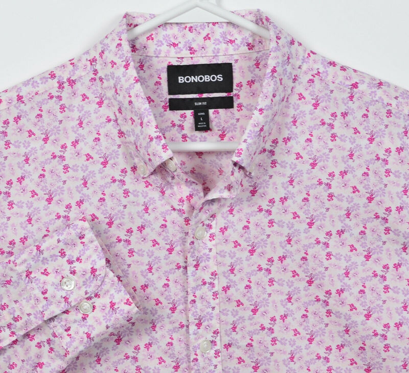 Bonobos Men's Large Long Slim Fit Floral Print Pink Purple Button-Down Shirt