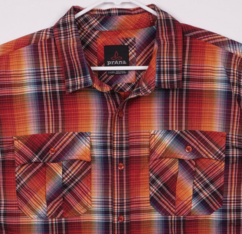 Prana Men's XL Organic Cotton Polyester Blend Orange Red Plaid Hiking Shirt