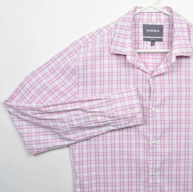 Bonobos Performance Men's Small Slim Nylon Blend Pink White Plaid Button Shirt