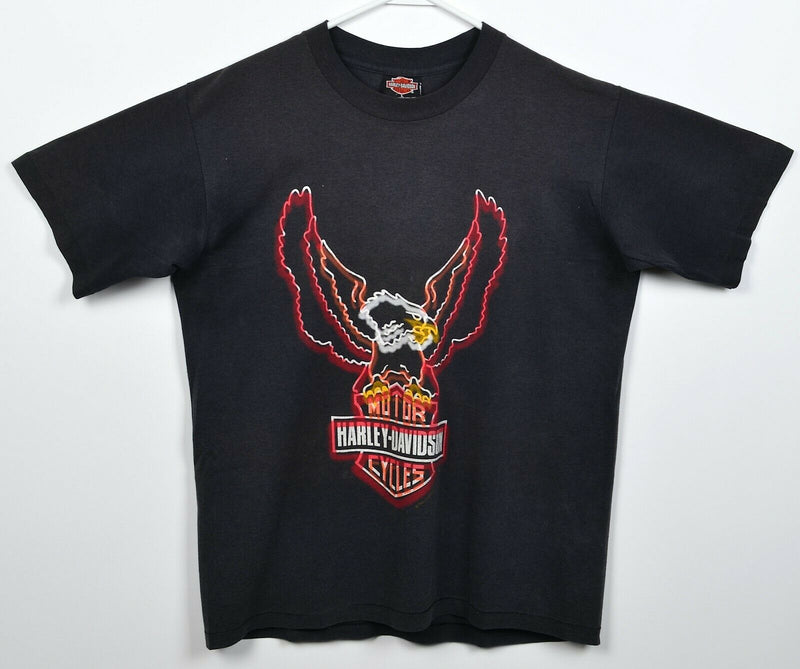 Vintage 1992 Harley-Davidson Men's Large Neon Eagle 3D Logo Black T-Shirt