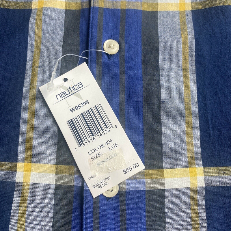 Nautica Men's Large Blue Navy Yellow Plaid Honolulu Button-Front Shirt