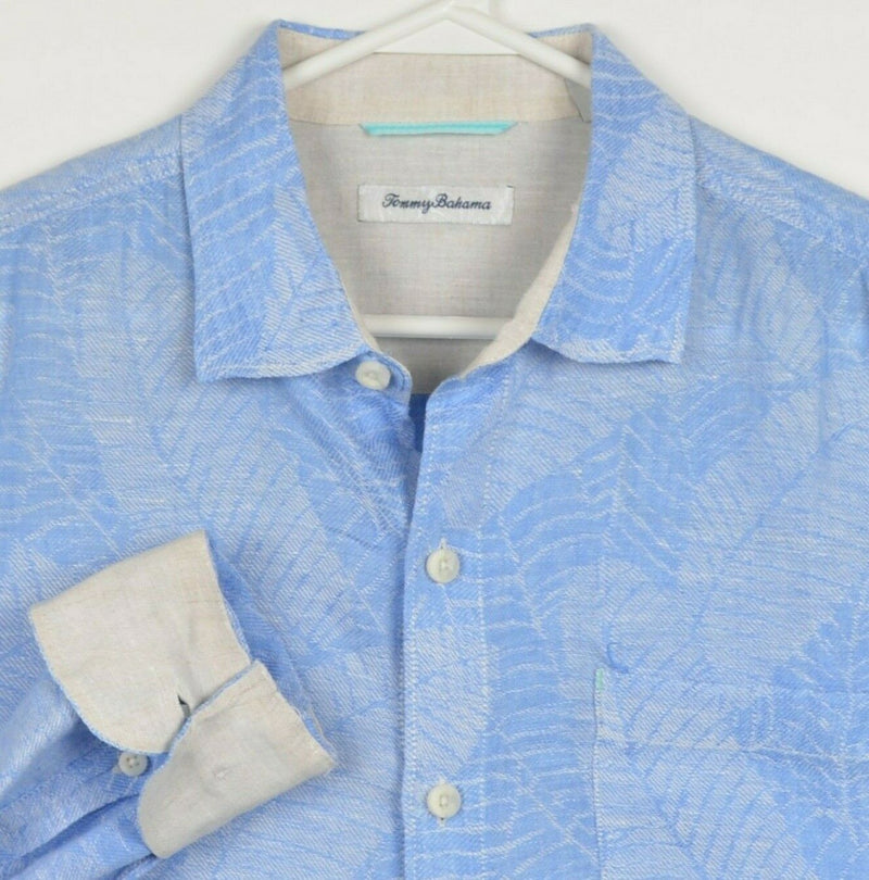 Tommy Bahama Men's Large 100% Linen Flip Cuff Blue Floral Palm Leaves Shirt