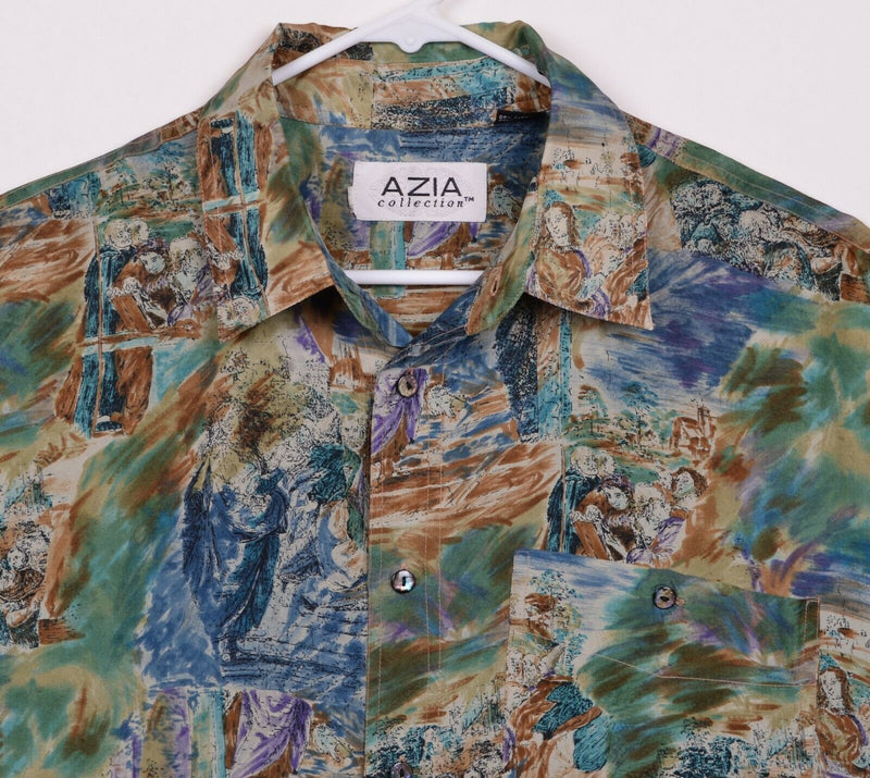 Azia Collection Men's Sz Medium 100% Silk Watercolor Painting Fresco Camp Shirt