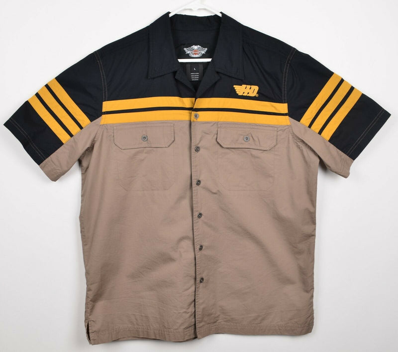 Harley Davidson Men's Large Black Yellow Garage Mechanic Biker Embroidered Shirt