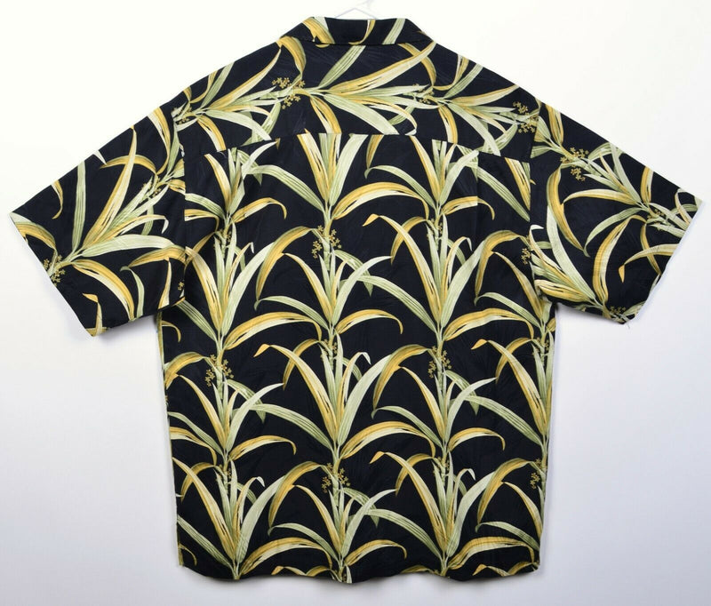 Tommy Bahama Men's Medium 100% Silk Floral Palm Yellow Black Hawaiian Shirt