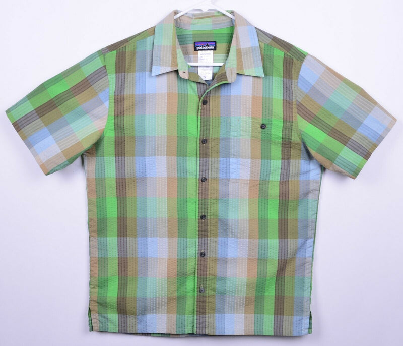 Patagonia Men's Sz Medium Seersucker Organic Cotton Poly Blend Green Plaid Shirt