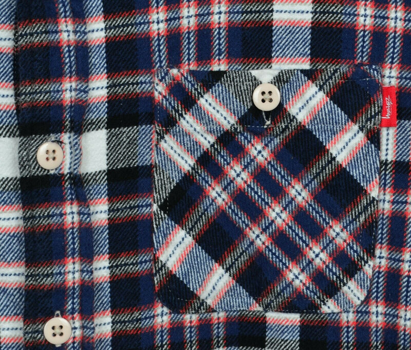 Stussy Men's Large Navy Blue Red Tartan Plaid Pockets Button-Front Flannel Shirt