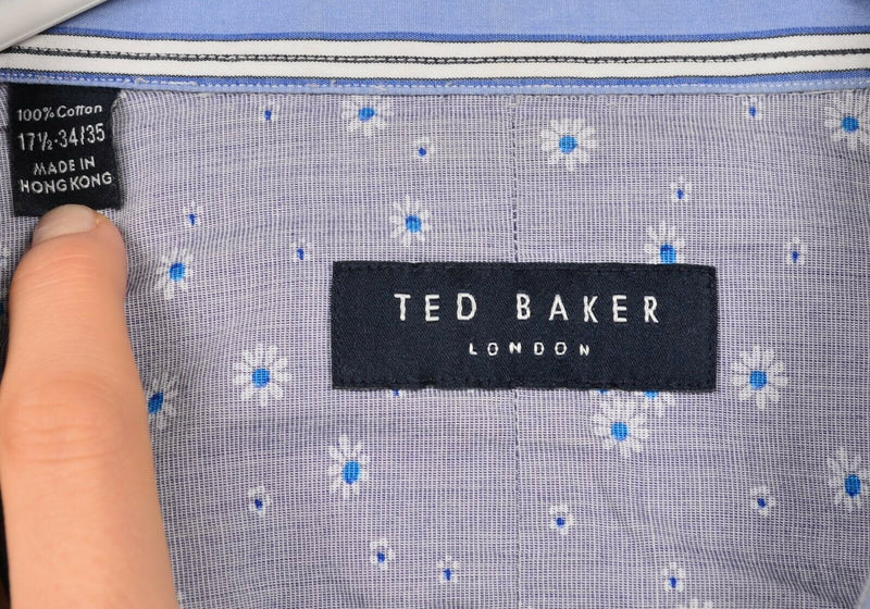 Ted Baker London Men's 17.5-34/35 (XL) Floral Flip Cuff Blue Striped Dress Shirt