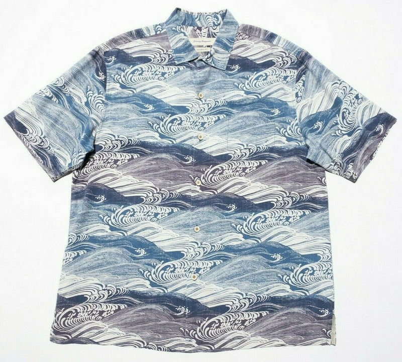 Tommy Bahama Silk Shirt Large Hawaiian Waves Original Fit Kanagawa Purple Blue