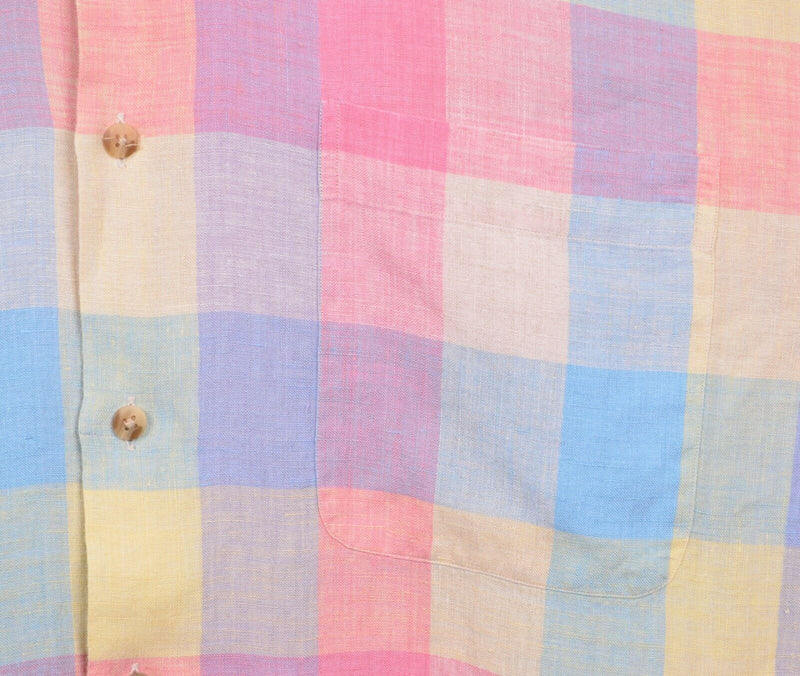 Paul Frederick Men's Sz XL 100% Linen Multicolor Rainbow Plaid Check Shirt