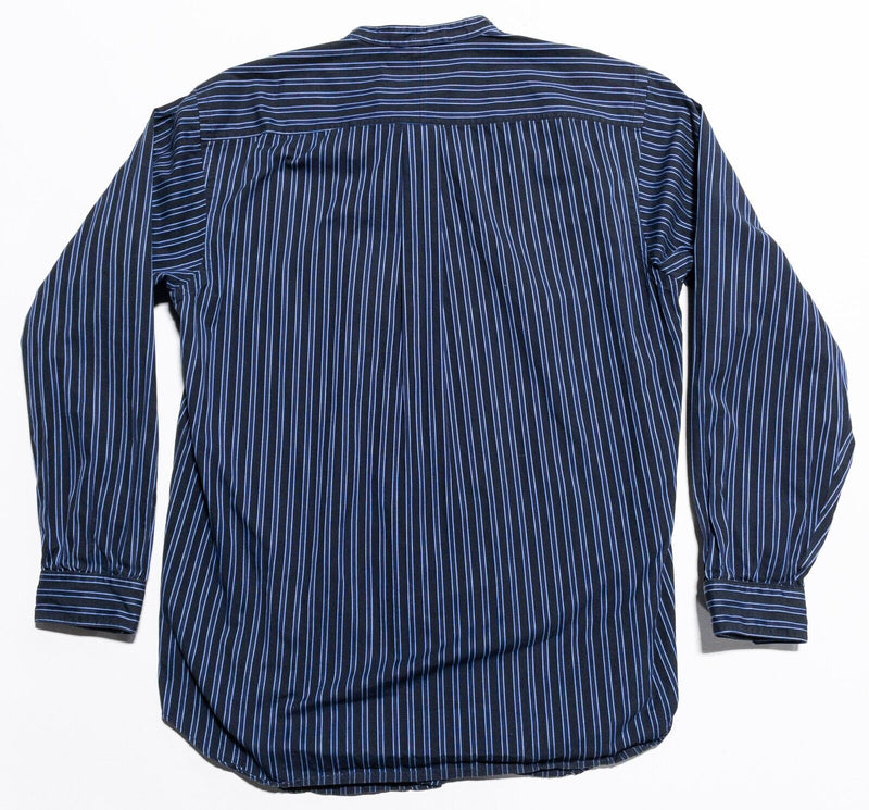 J. Peterman Poet Shirt Men's Medium Band Collar Long Sleeve Vintage Blue Stripe