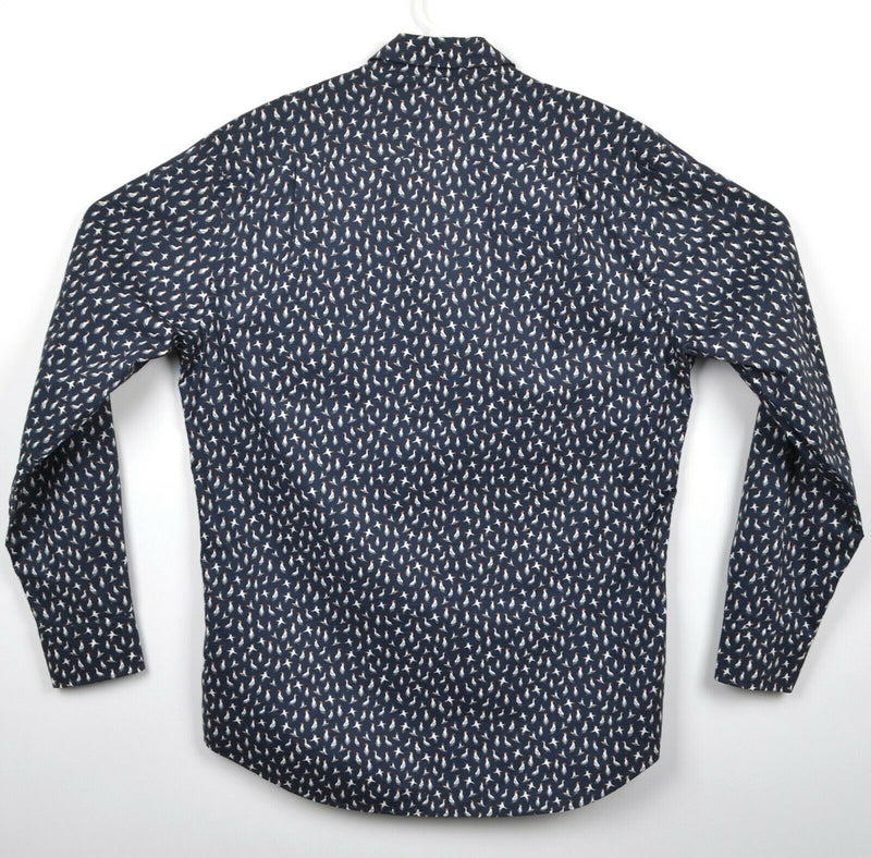 Rodd & Gunn Men's Sz Medium Sports Fit Bird Pattern Navy Blue Button-Front Shirt