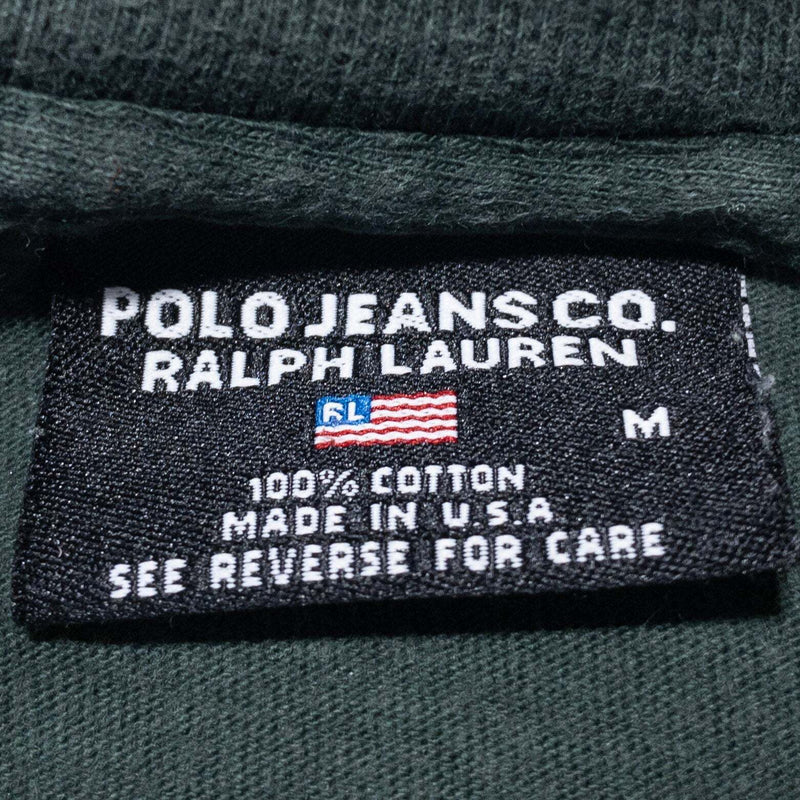 Vintage Polo Jeans Ralph Lauren T-Shirt Mens Medium USA Flag Logo Dark Green 90s