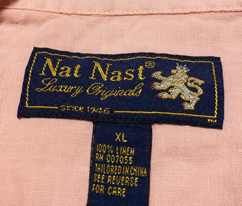 Nat Nast Linen Bowling Shirt Men's XL Panel Striped Peach Pink Beige Aloha