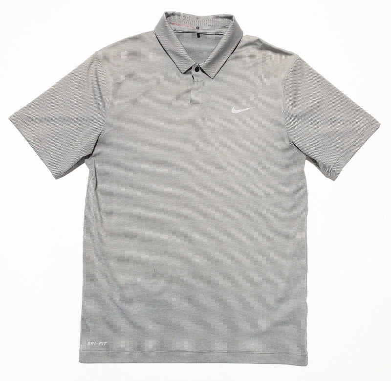 Tiger Woods Nike Golf Polo Men's Small Gray Striped Wicking Stretch Snap Vented
