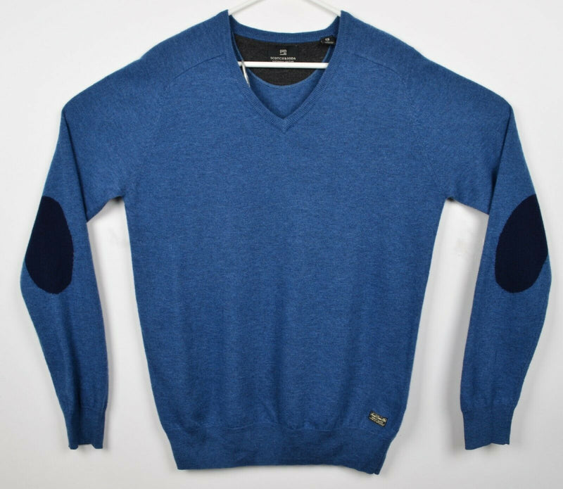 Scotch & Soda Men's Large Lambswool Blue V-Neck Elbow Pads Pullover Sweater