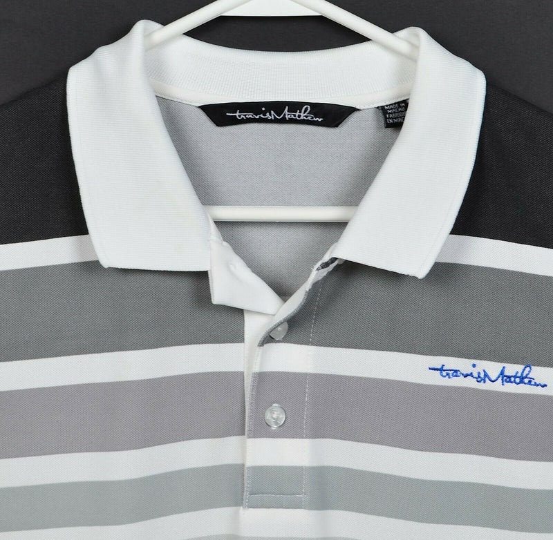 Travis Mathew Men's Large White Black Striped Polyester Wicking Golf Polo Shirt