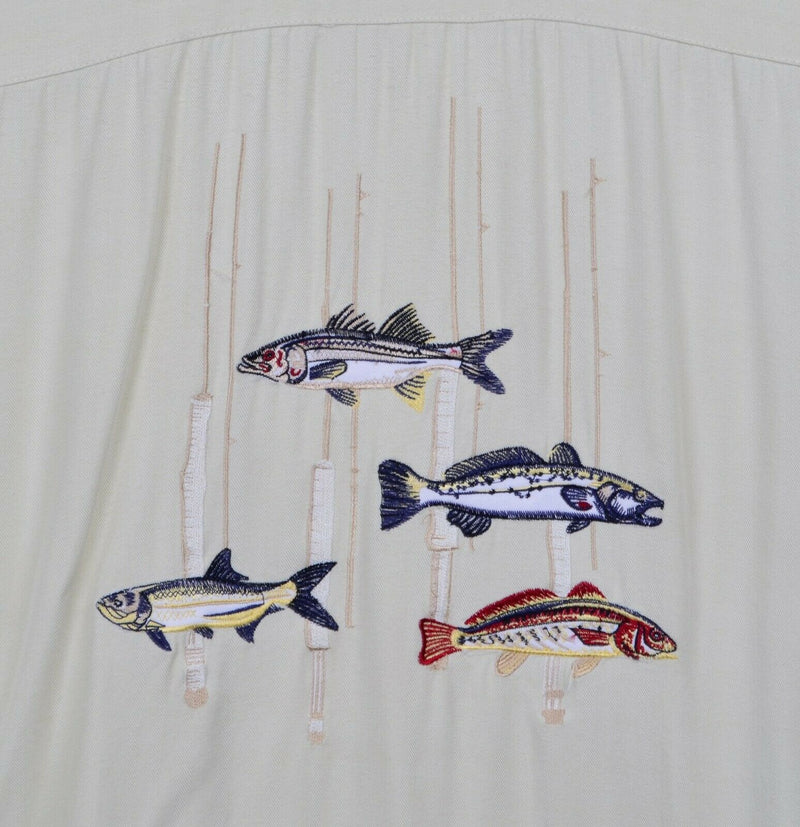 Sunset Breeze Men's Sz Large Embroidered Fish 100% Rayon Hawaiian Shirt