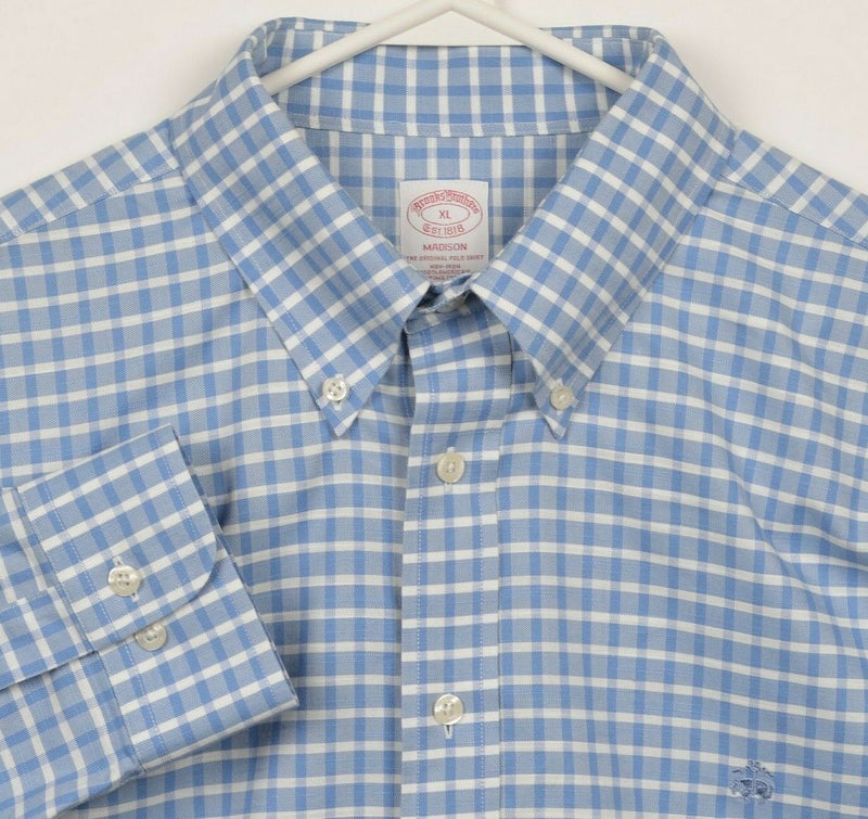 Brooks Brothers Men XL Non-Iron Blue Plaid Logo Madison Button-Down Dress Shirt