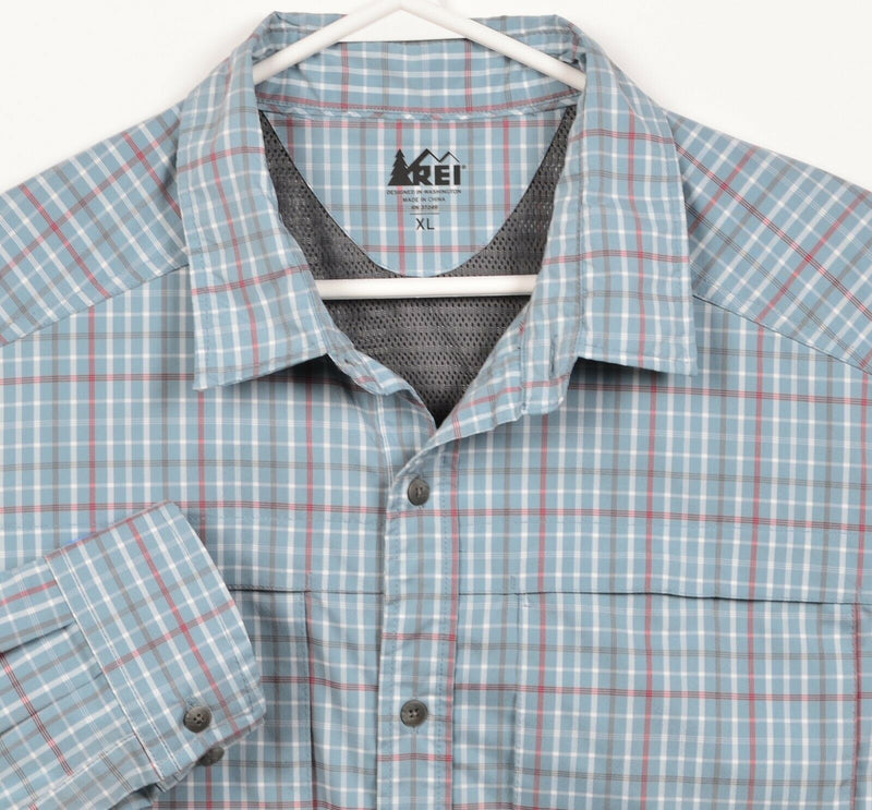 REI Men's XL Vented Blue Plaid Check Hiking Travel Wicking Button-Front Shirt