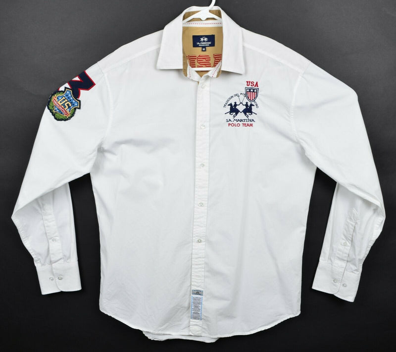 La Martina Men's Sz Medium USA Polo Team White Flip Cuff Button-Front Shirt