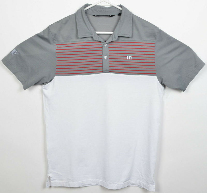 Travis Mathew Men's Medium Gray White Red Striped Wicking Golf Polo Shirt