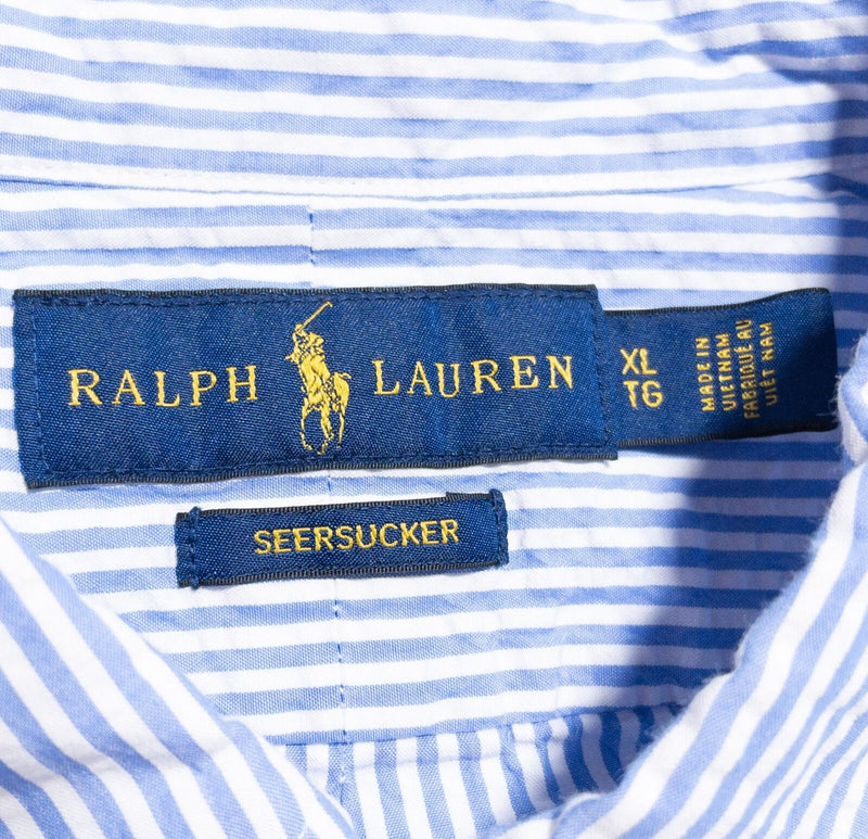 Polo Ralph Lauren Seersucker Shirt Mens XL Button-Down Blue White Striped Preppy