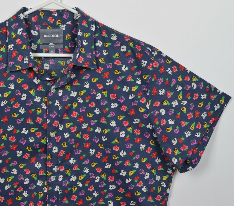 Bonobos Men's XL Slim Fit Floral Print Navy Blue Short Sleeve Button-Front Shirt