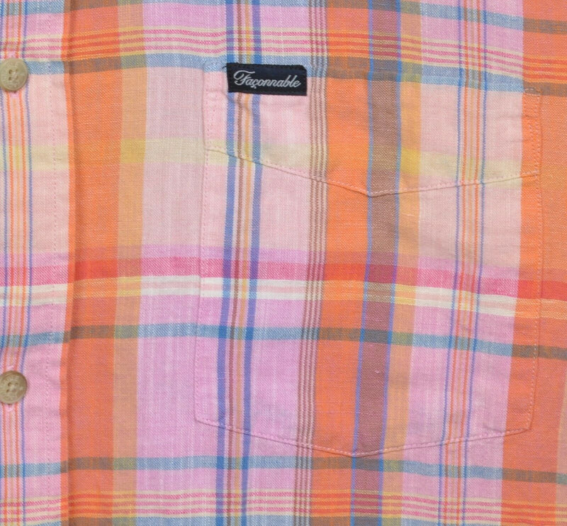 Facconable Men's Large Linen Blend Pink Orange Tartan Plaid Button-Front Shirt