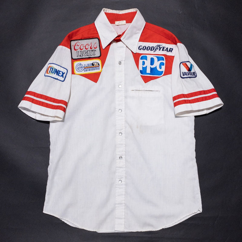 Vintage 70s Pearl Snap Shirt Men's Large Rockabilly Patches White Red Watkins