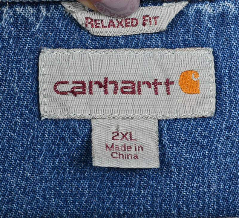 Carhartt Men's 2XL Relaxed Fit Pearl Snap Denim Blue Faded Western Work Shirt