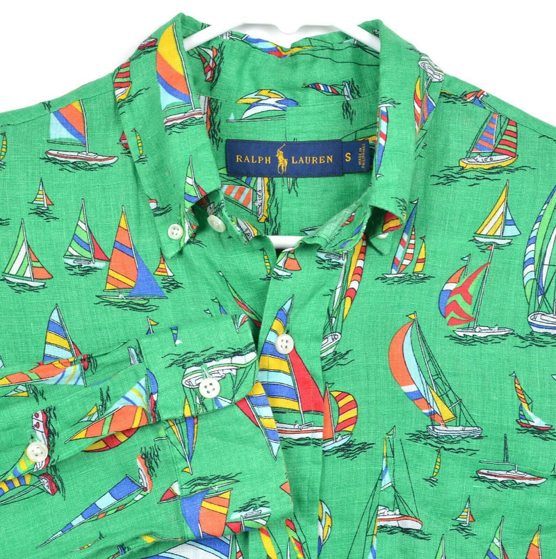 Polo Ralph Lauren Men's Sz Small 100% Linen Sailboat Nautical Green Shirt