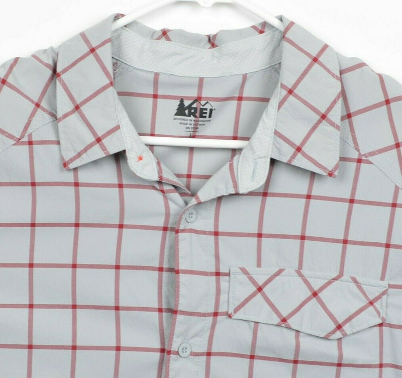 REI Men's Sz Large Gray Red Graph Check Nylon Hiking Casual Short Sleeve Shirt