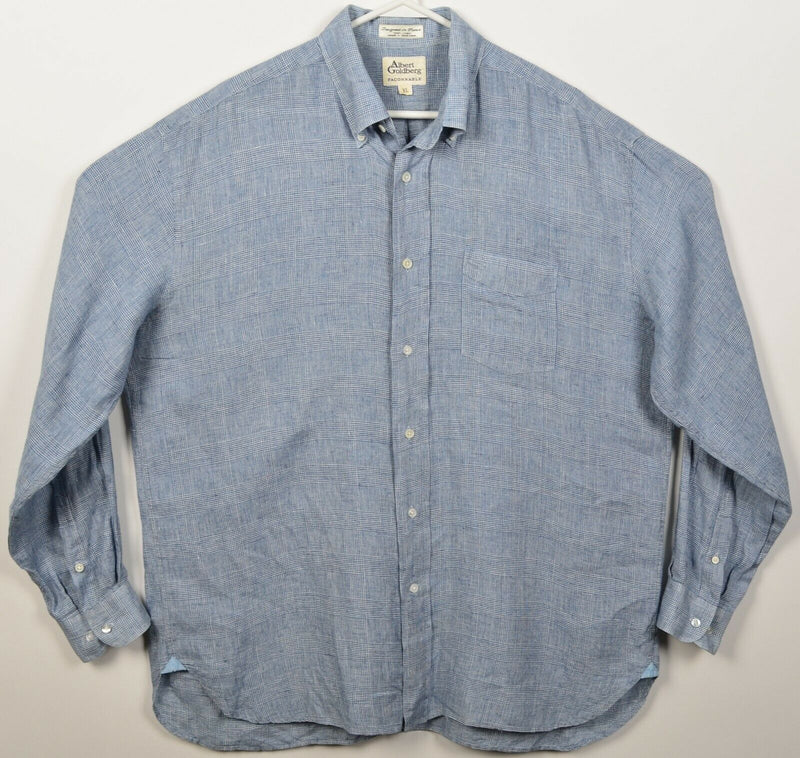 Albert Goldberg Faconnable Men XL 100% Linen Blue Glen Check Button-Front Shirt