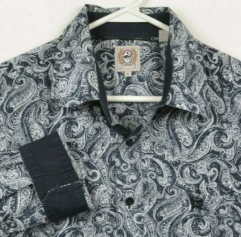 Cinch Men's Large Paisley Flip Cuff Navy Blue Western Button-Front Shirt