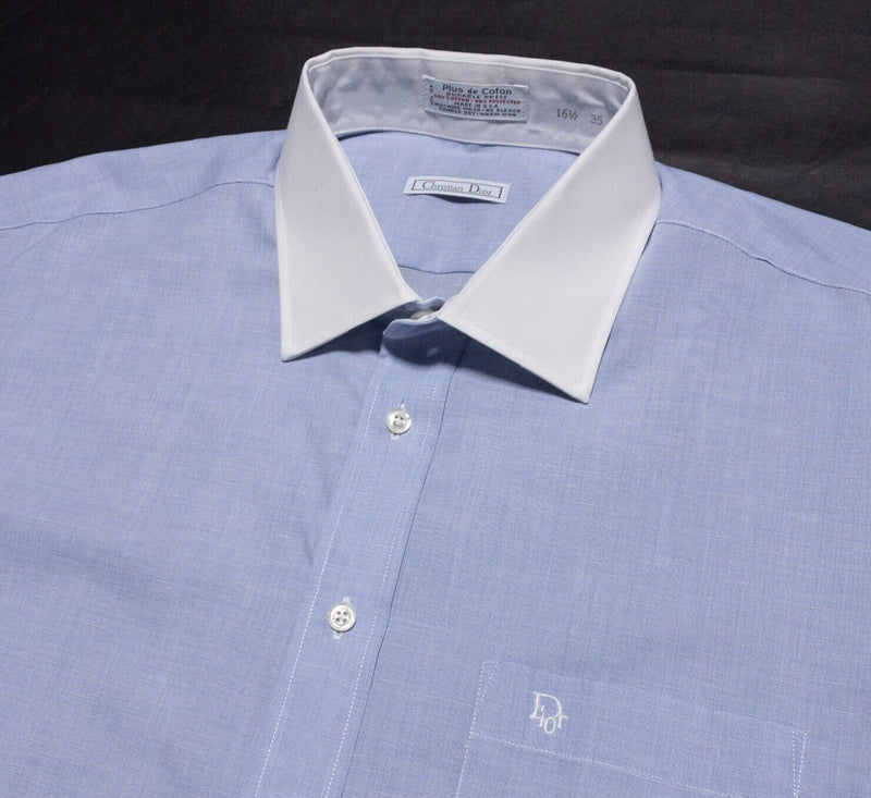 Vintage Christian Dior Dress Shirt Men's 16.5 French Cuff Blue White Formal 80s