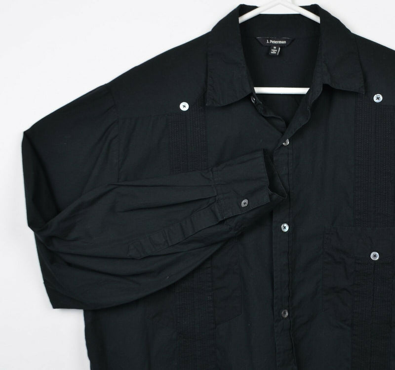 J. Peterman Men's Medium Guayabera Cuban Pockets Solid Black Ruffle Shirt