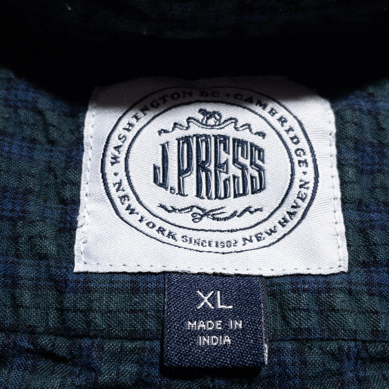 J. Press Popover Shirt Mens XL Seersucker Collared Green Blue Plaid Short Sleeve