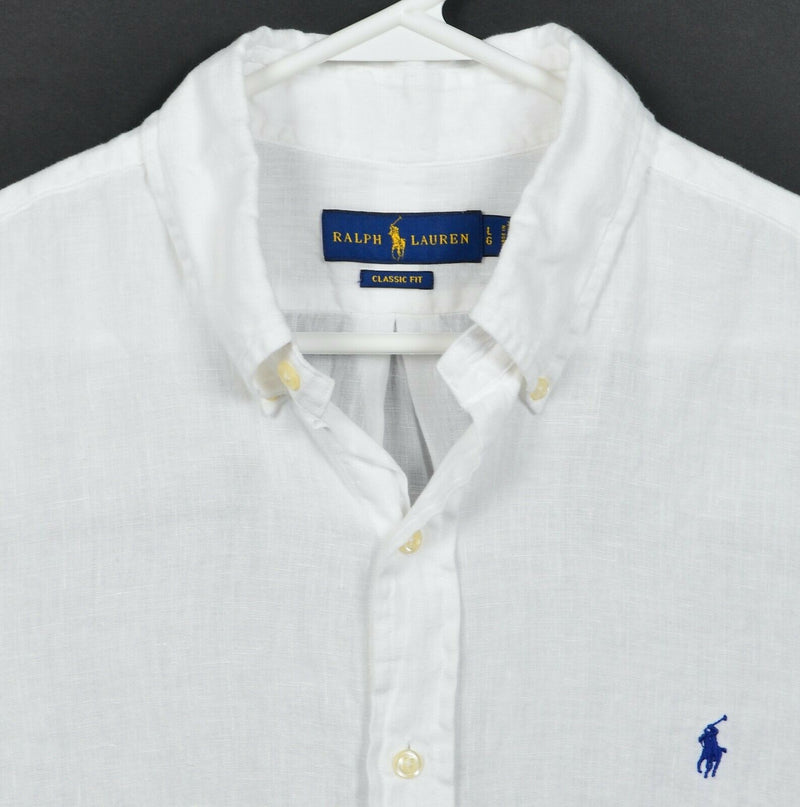 Polo Ralph Lauren Men Large Classic Fit 100% Linen Solid White Button-Down Shirt