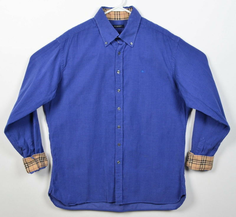 Burberry London Men's 17.5 (XL) Flip Cuff Nova Check Blue Corduroy Button Shirt