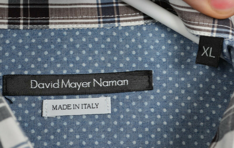 David Mayer Naman Men's XL Flip Cuff Navy Blue Plaid Made in Italy Shirt